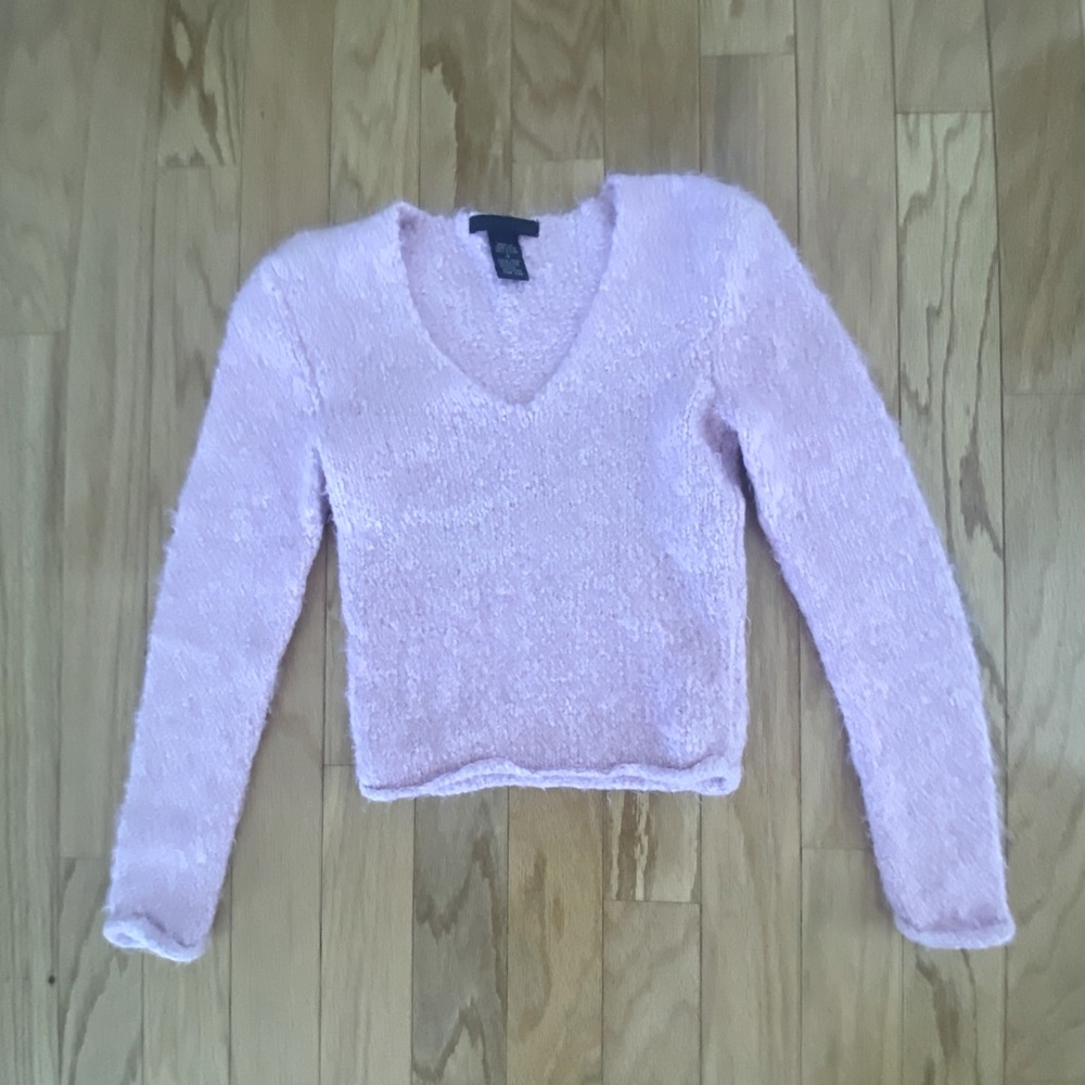 GUESS COLLECTIONS Pink Fuzzy V Neck Sweater